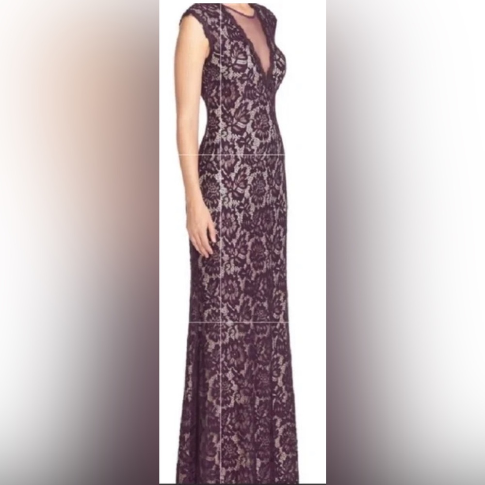 Betsy & Adam Deep-v Illusion Neckline Lace Evening Gown in Plum Royal